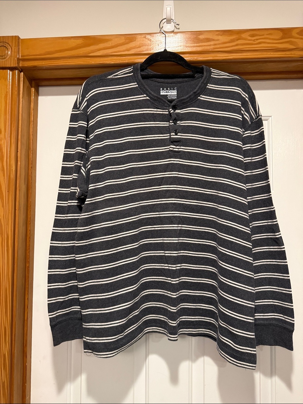 Basic Editions Black & White Striped Henley Long Sleeve Tee